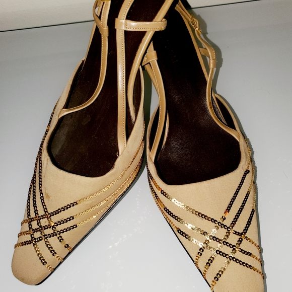 ALFIO CECCONI GOLD SEQUIN & SILK GOLDEN HEEL SLINGBACK KITTEN HEEL SZ 8M - Picture 15 of 16